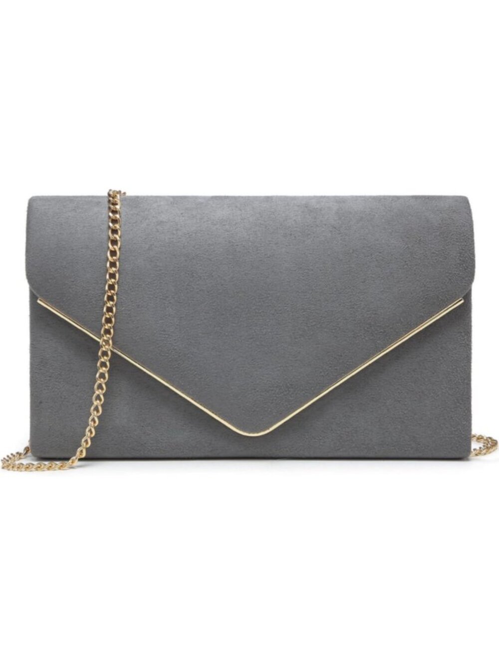 Women's Pewter Faux Suede Clutch Purse Golden Chain Strap Evening Shoulder Bags